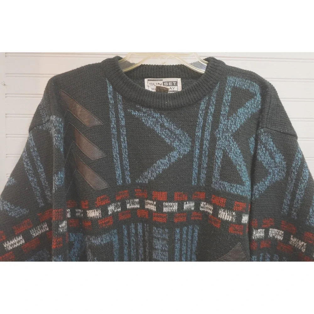 Vintage 90s 80s Knit Sweater Sunset Highway Men's Medium Leather Patchwork